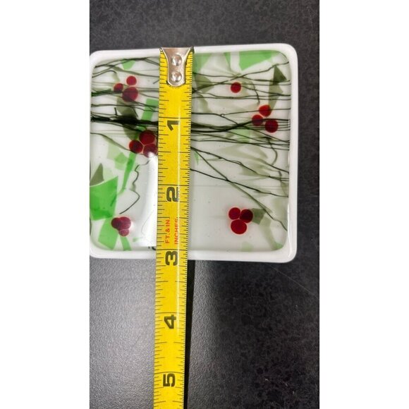 Fused Glass Coasters Red Green Black White Handmade Set of 4 & Holder Art Deco - Picture 8 of 9